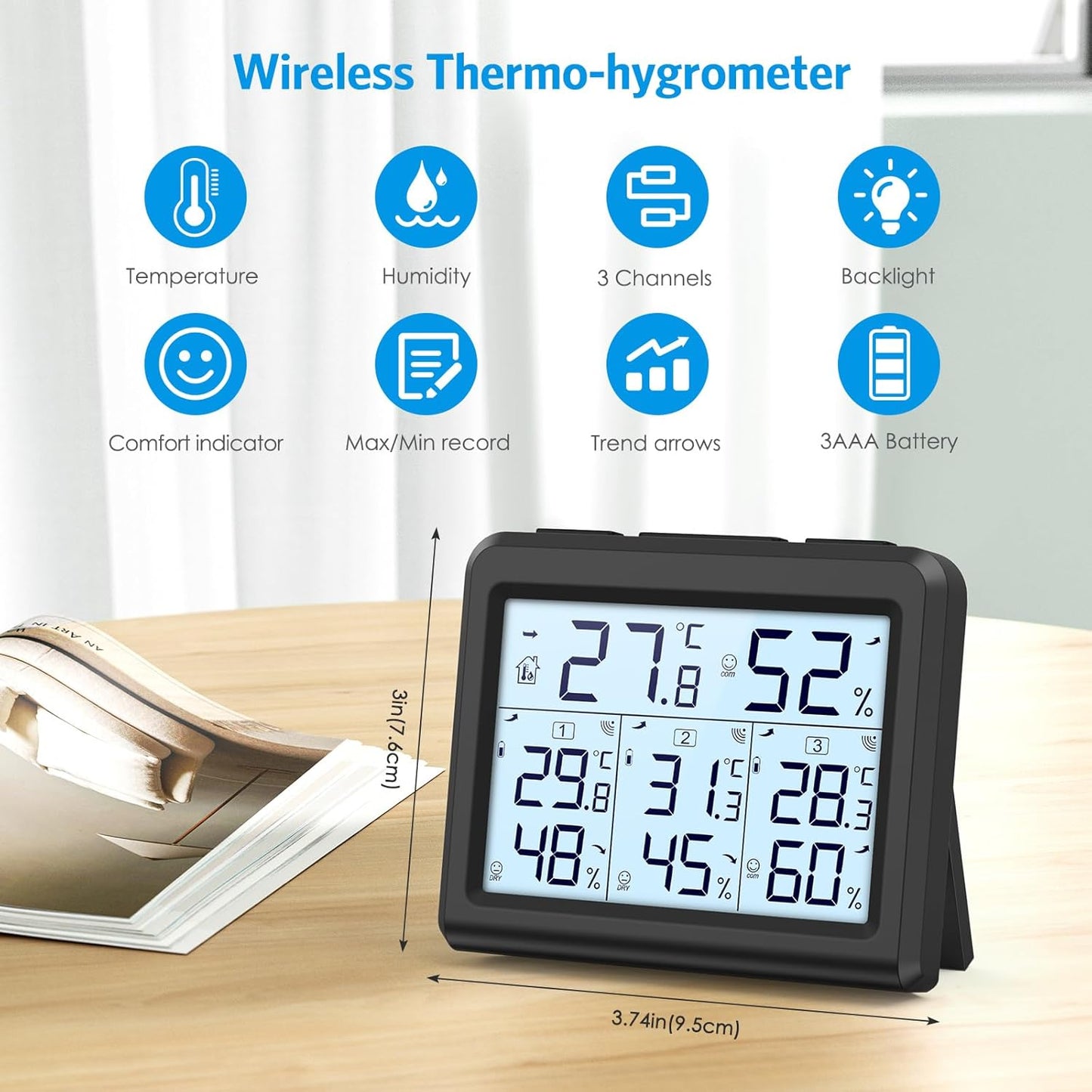AMIR Indoor Outdoor Thermometer, 3 Channels Digital Hygrometer Thermometer with 3 Sensor, Temperature Humidity Monitor with LCD Display, Wireless Humidity Gauge for Home, Baby Room-Black