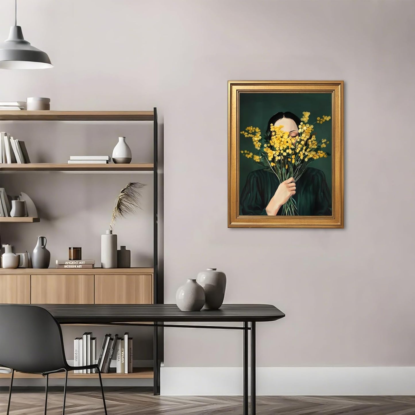 Large Framed Woman Portrait Canvas Wall Art Vintage Dark Moody Goldenrod Floral Feminist Painting Poster Victoria Female Yellow Flower Nature Emerald Green Artwok Prints Home Decor 24x36inch