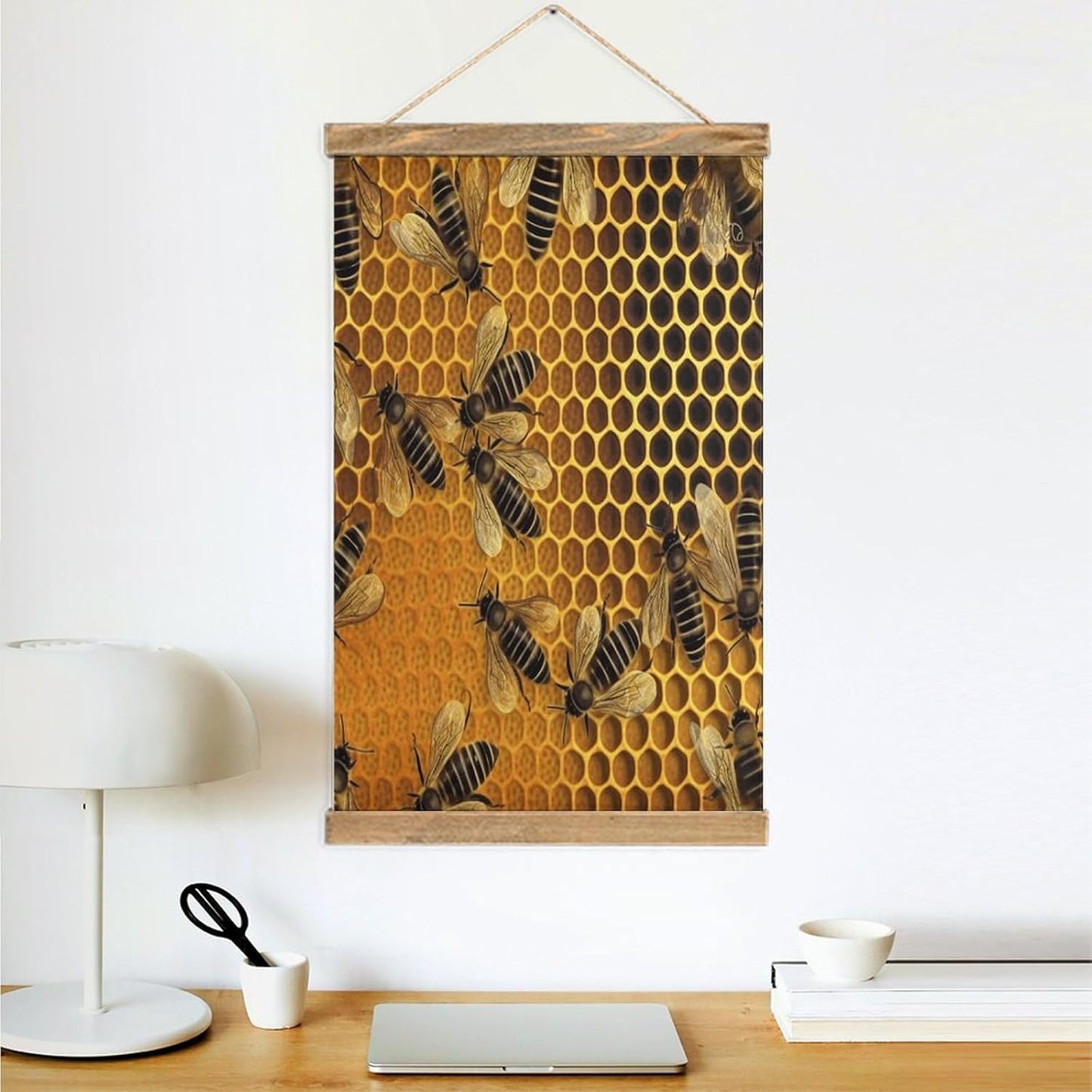 Vintage Bees on Hive Poster with Wooden Frame Personalized Linen Hanging Scroll Painting Rustic Wall Hanging Illustrative Modern Artwork Decor for Home Living Room Bedroom Office