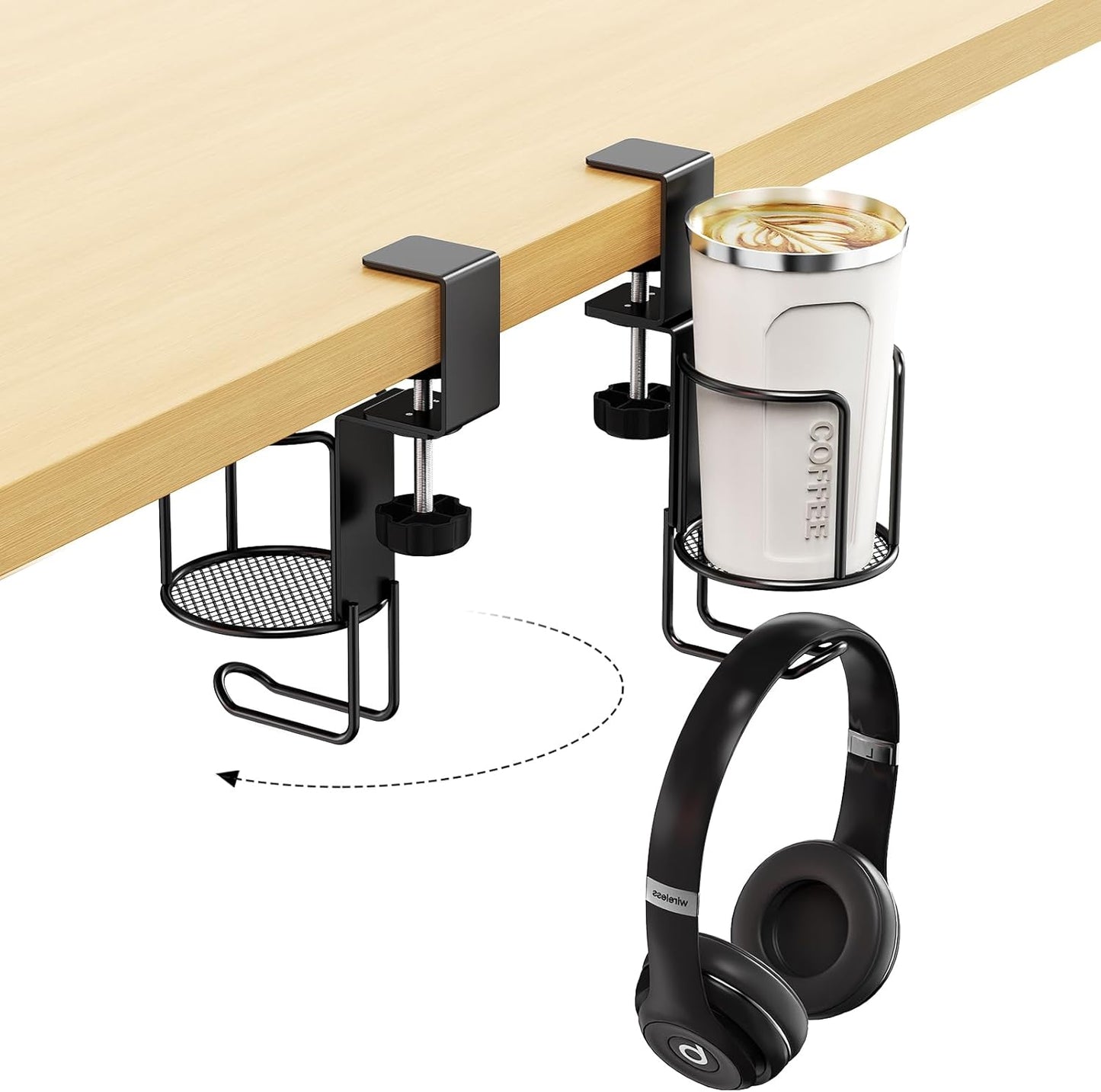 2 in 1 Desk Cup Holder with Headphone Hanger Holder, Anti-Spill Clip-On Table Cup Hook with 360° Rotation for Lawn Chair, Office Home Gaming Table (1 Pack)