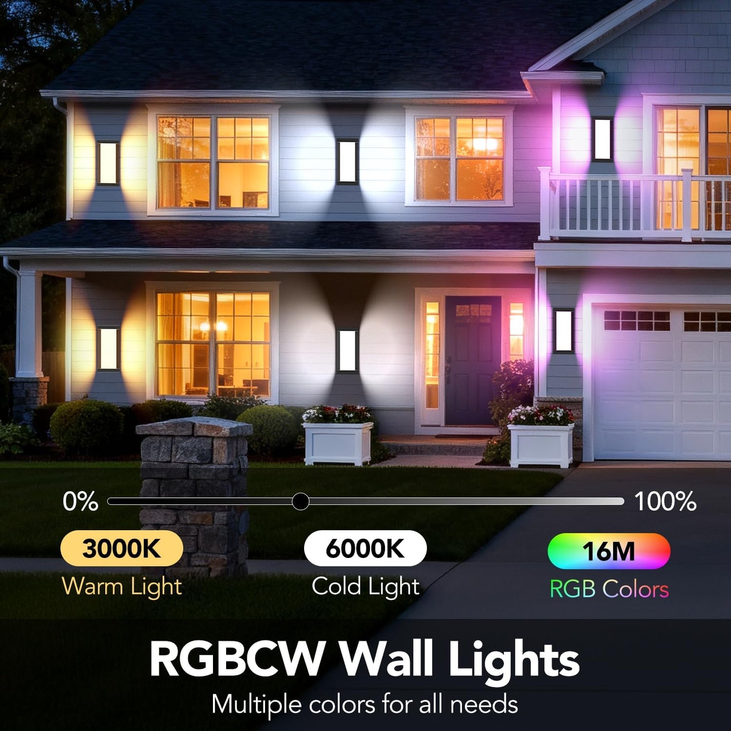 RGB Smart Outdoor Wall Lights,RGBCW Modern Outdoor Waterproof for Front Porch Light,WiFi APP Control Exterior Lighting Fixtures,LED Wall Mount Outside Lights for House,Garage,Backyard(2 Pack)