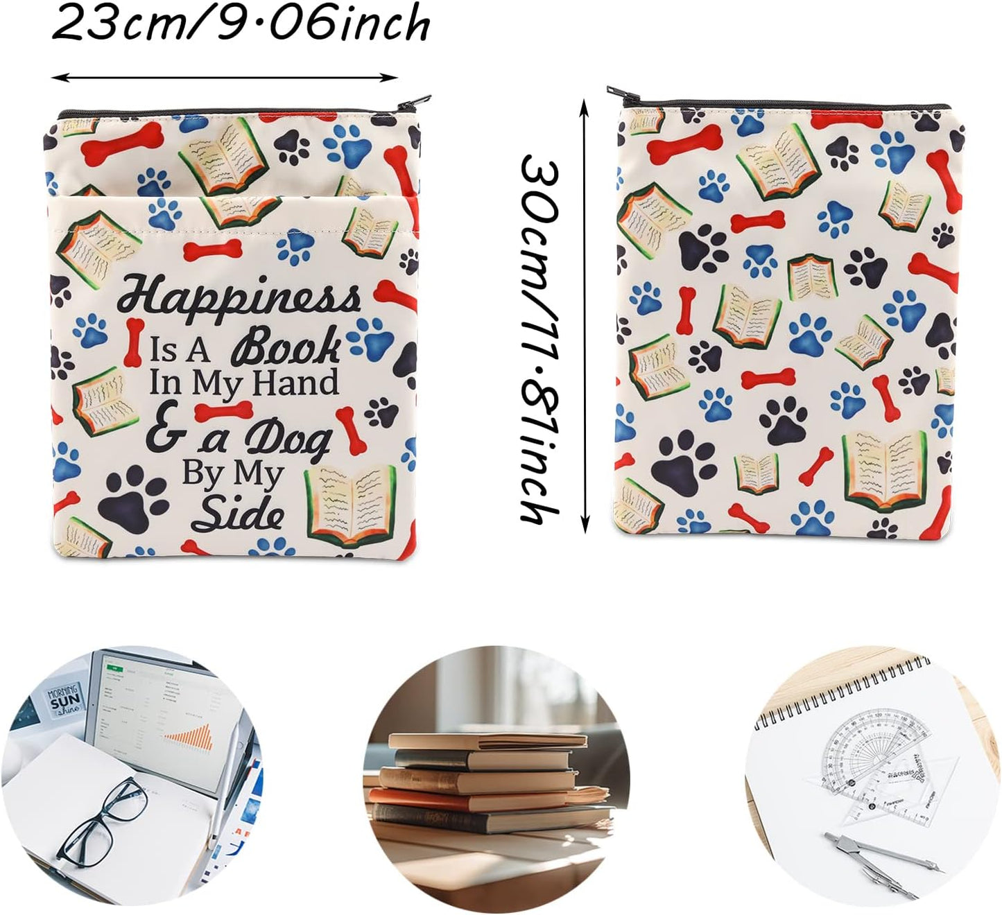 Book Lover Book Sleeve Dog Lover Gift Happiness is A Book in My Hand & a Dog by My Side Book Protector for Animal Lover (Happiness-B)