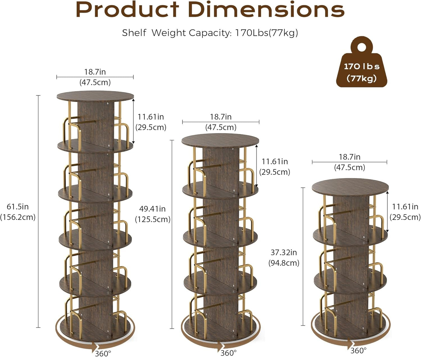 Manora 360° Rotating Spinning Bookshelf Tower, 3 Tier Round Bookcase with Storage Organizer and Display Shelves, Corner Space-Saving Rotating Book Shelf for Living Room, Bedroom, Office, Gold