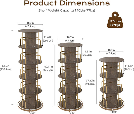 Manora 360° Rotating Spinning Bookshelf Tower, 3 Tier Round Bookcase with Storage Organizer and Display Shelves, Corner Space-Saving Rotating Book Shelf for Living Room, Bedroom, Office, Gold
