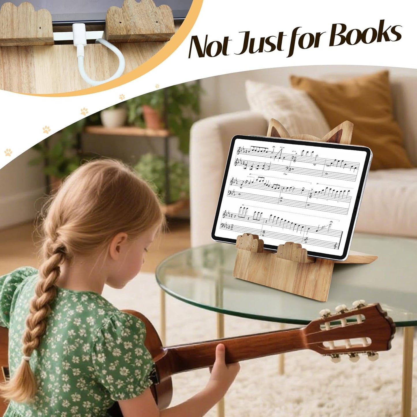 Cat Shaped Wooden Cookbook Stand - Adjustable, Hands-Free Recipe Holder for Kitchen with iPad & Music Rest