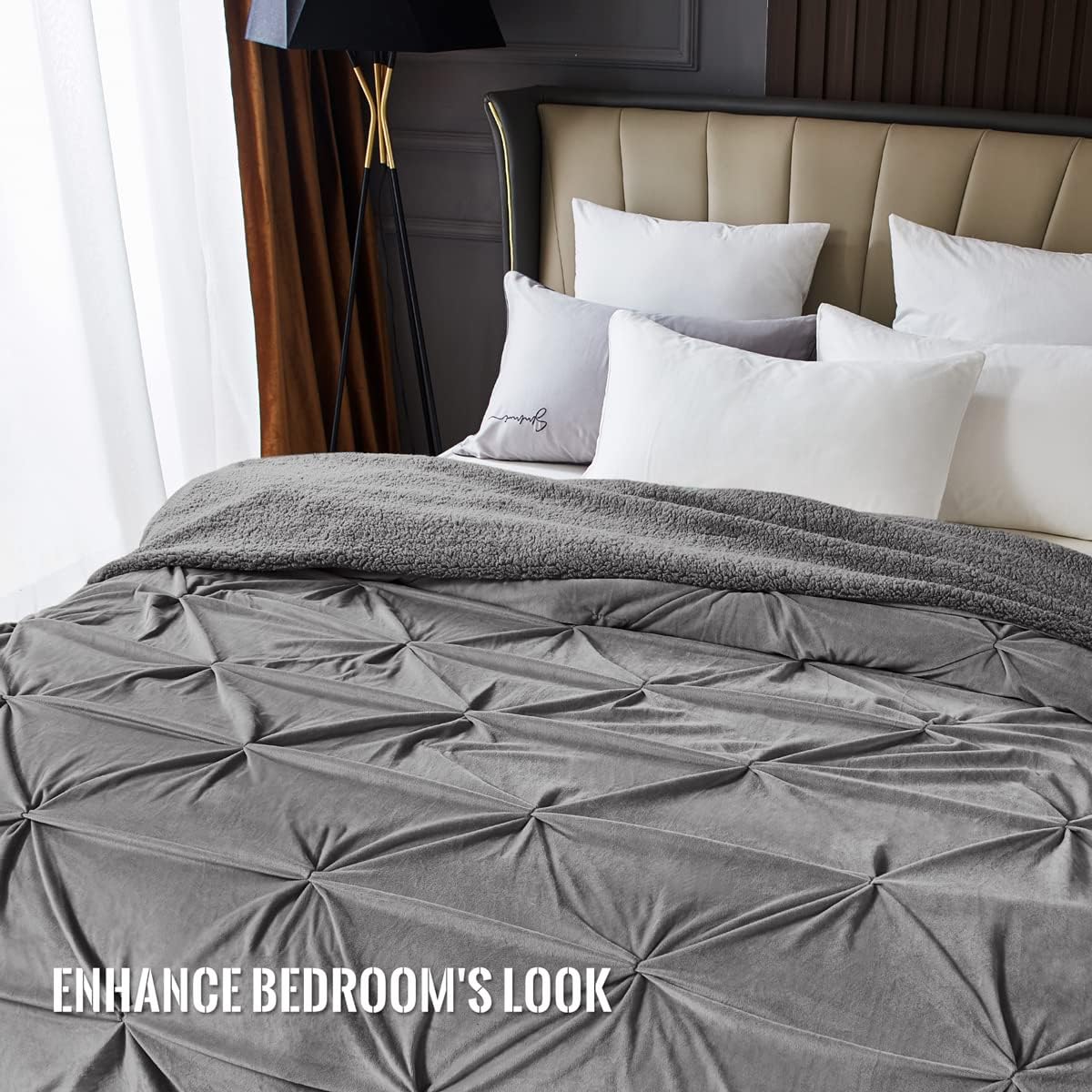 KAWAHOME Super Soft Minky Blanket King Size Extra Warm Pinched Pleat Sherpa Winter 410GSM Blanket for Couch Sofa Bed, 108" X 90" (Grey)