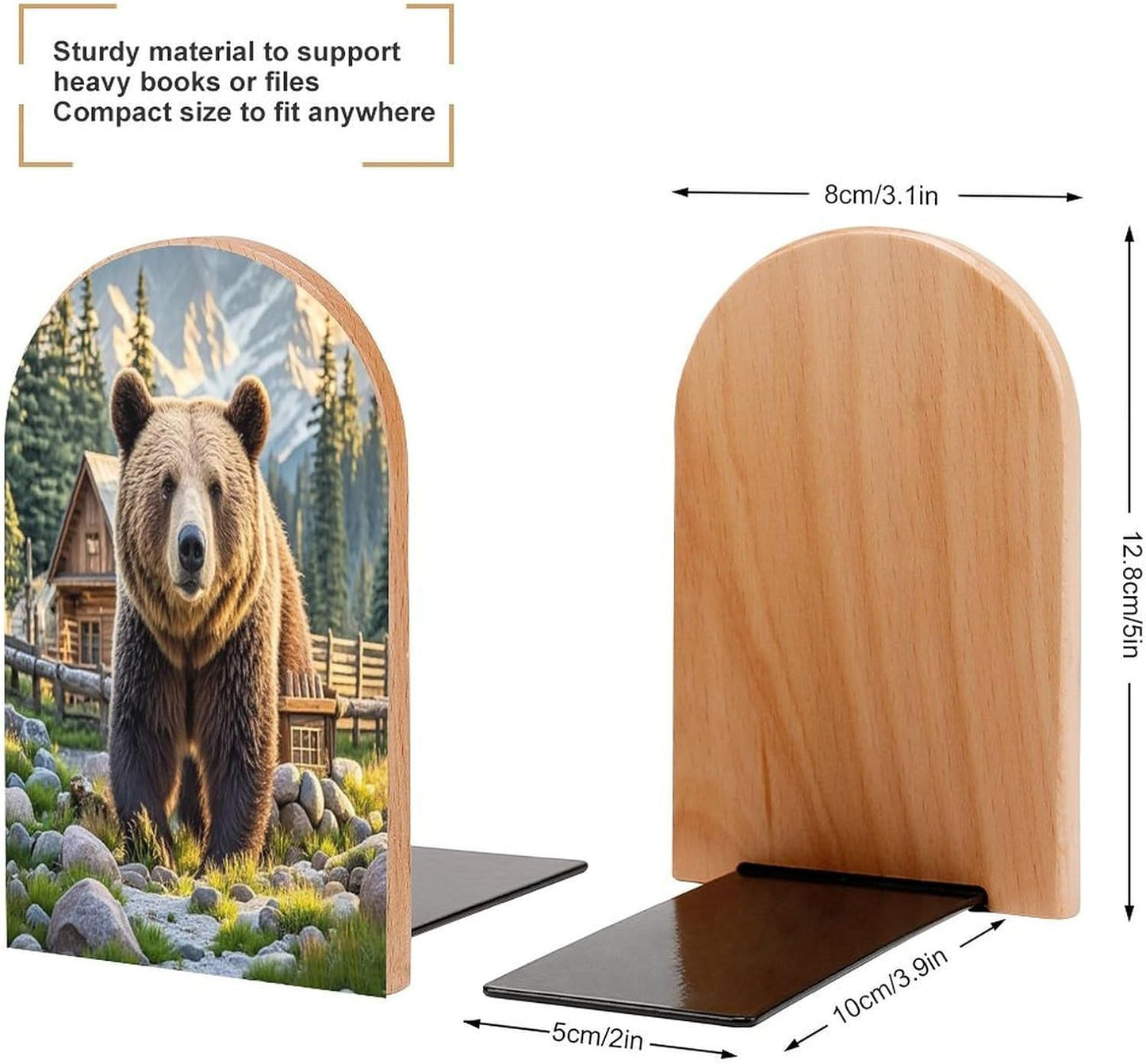 Rustic Lodge Bear Bookends 1 Pair Heavy Duty Book Ends for Shelves Non-Skid Bookend Supports Wooden Book Holders with Metal Base Desk Organizers Books Storage to Hold Books