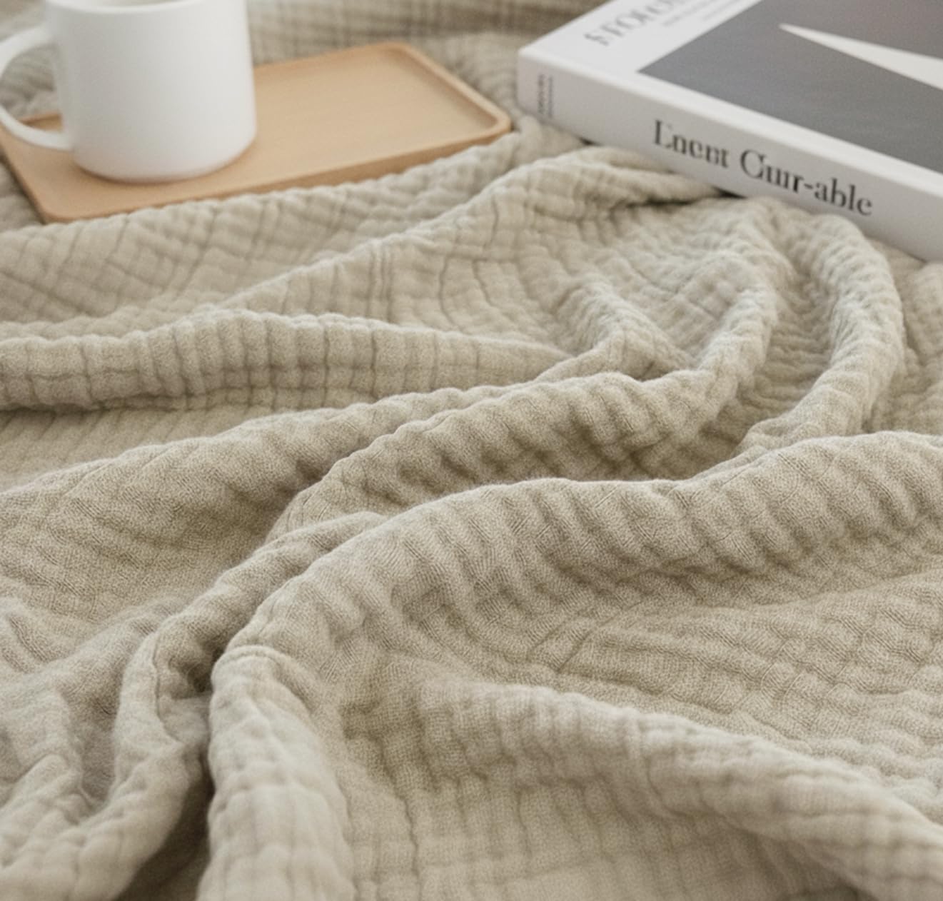 KyraHome 100% Organic Cotton 90"x104" King Size Muslin Blankets for Adults, Kids, Pre-Washed Plant Dyed, Breathable Cozy Gauze Bed Blanket, All Season (Oatmeal Khaki)