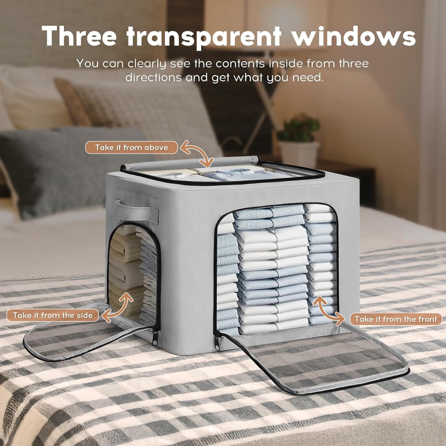 3-Pack Clothes Organizer Bins with Metal Frame, Foldable 40L Linen Storage Boxes with Lids, Clear Windows, Zippers & Durable Handles (Light Gray)