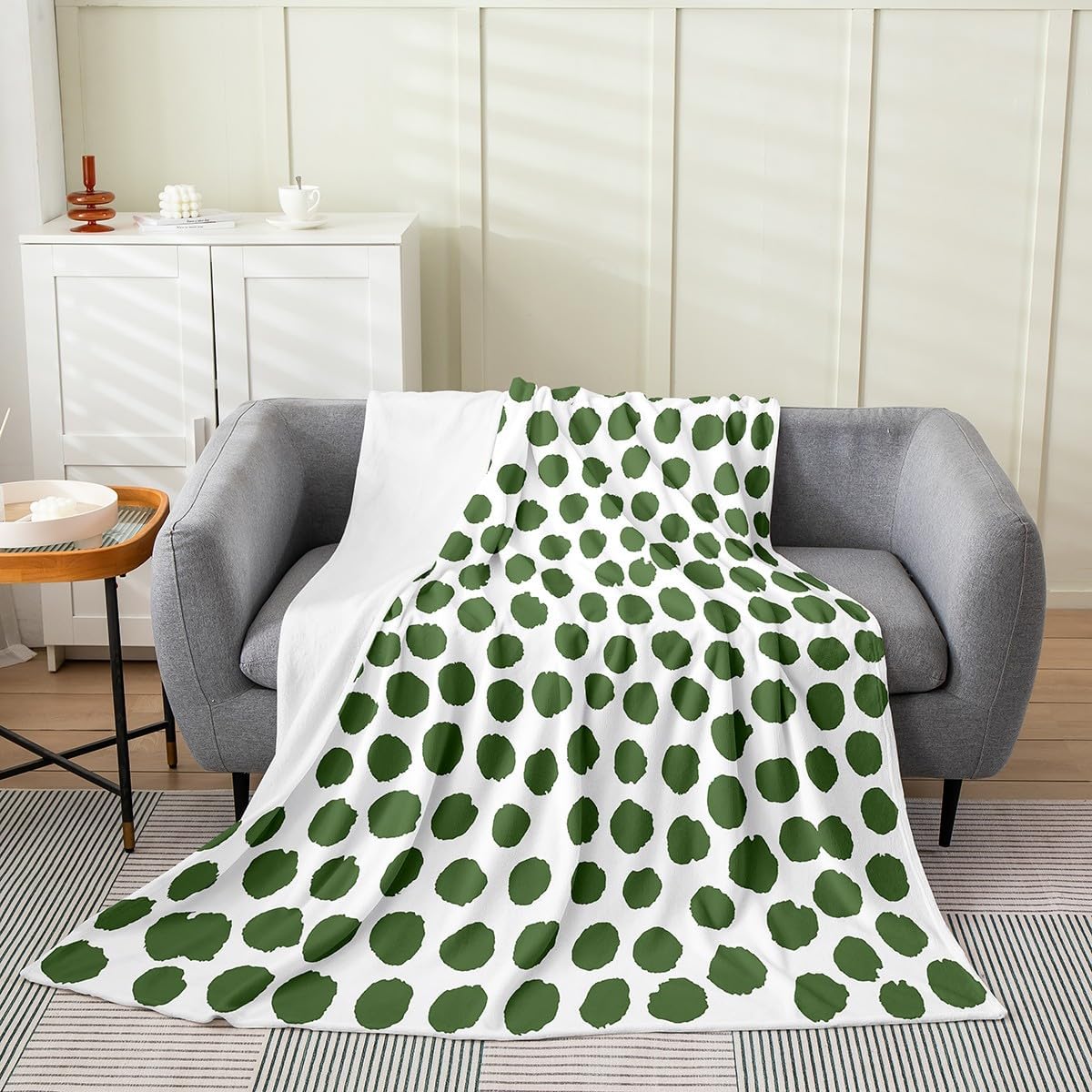 Erosebridal Green Polka Dot Flannel Blanket Queen 90x90 Minimalists Boho Modern Fleece Blanket Watercolor Aesthetic Fuzzy Plush Throw Graffiti Geometric Abstract Decor