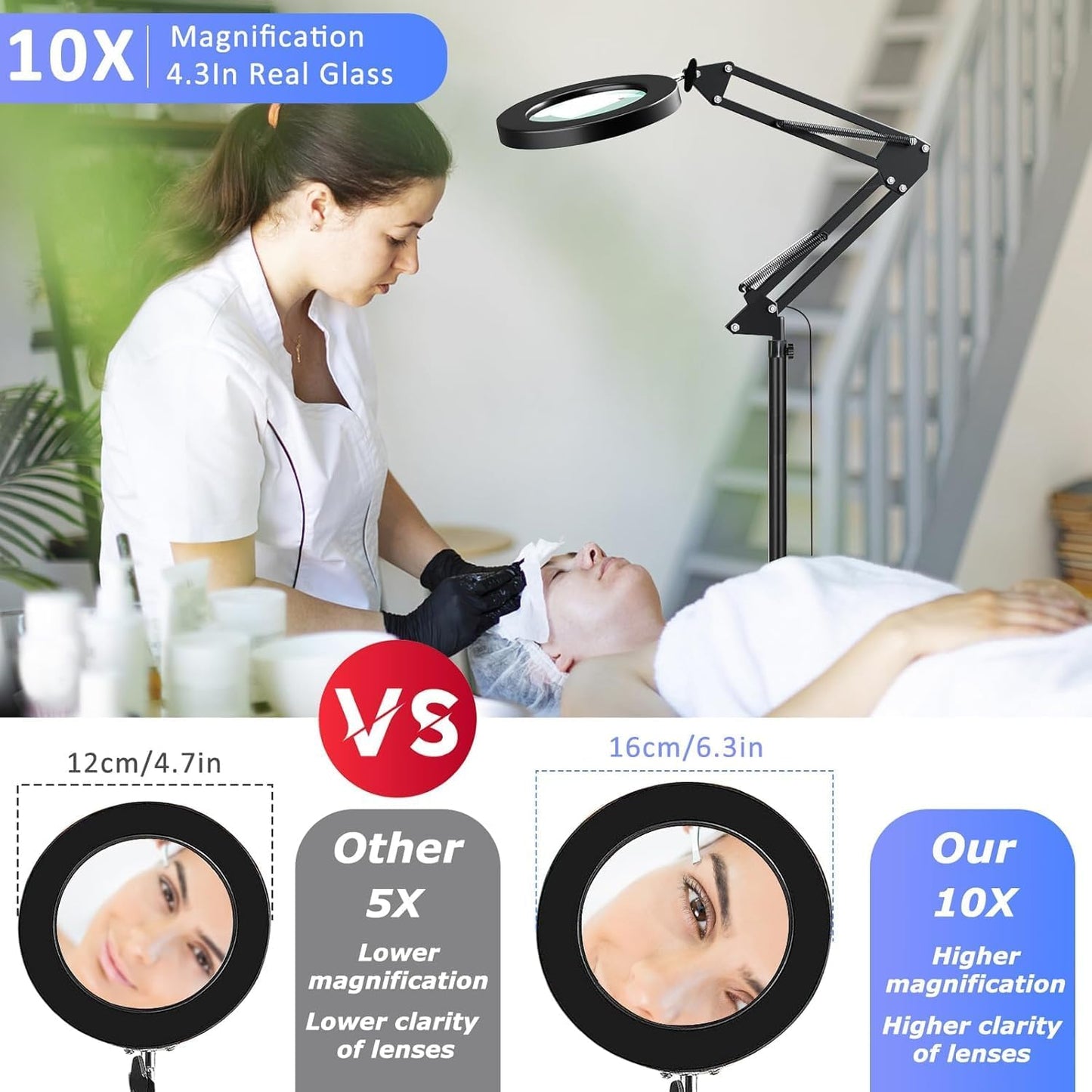 10X Large Floor Magnifying Glass with Light and Stand, 3-in-1 Adjustable Height Lighted Magnifier, 72 LED Floor Lamp 5 Color Stepless Dimmable Arm Swing Floor Magnifying Lamp for Reading