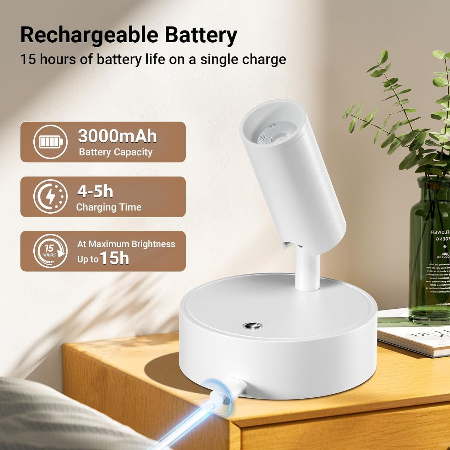 Wireless Led Spotlight Indoor, Plant Spotlight Indoor with Remote Dimmable, 350° Rotate, Rechargeable Uplighting Battery Powered Ceiling Light for Artwork Painting Plant Picture Lights-White