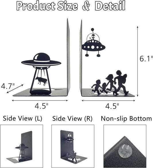 Alien Decor UFO Decor - Unique Bookends for Kids and Adults - Decorative Bookends for Shelves - Black Modern Bookends for Avid Readers - Fun Stylish Alien Gifts