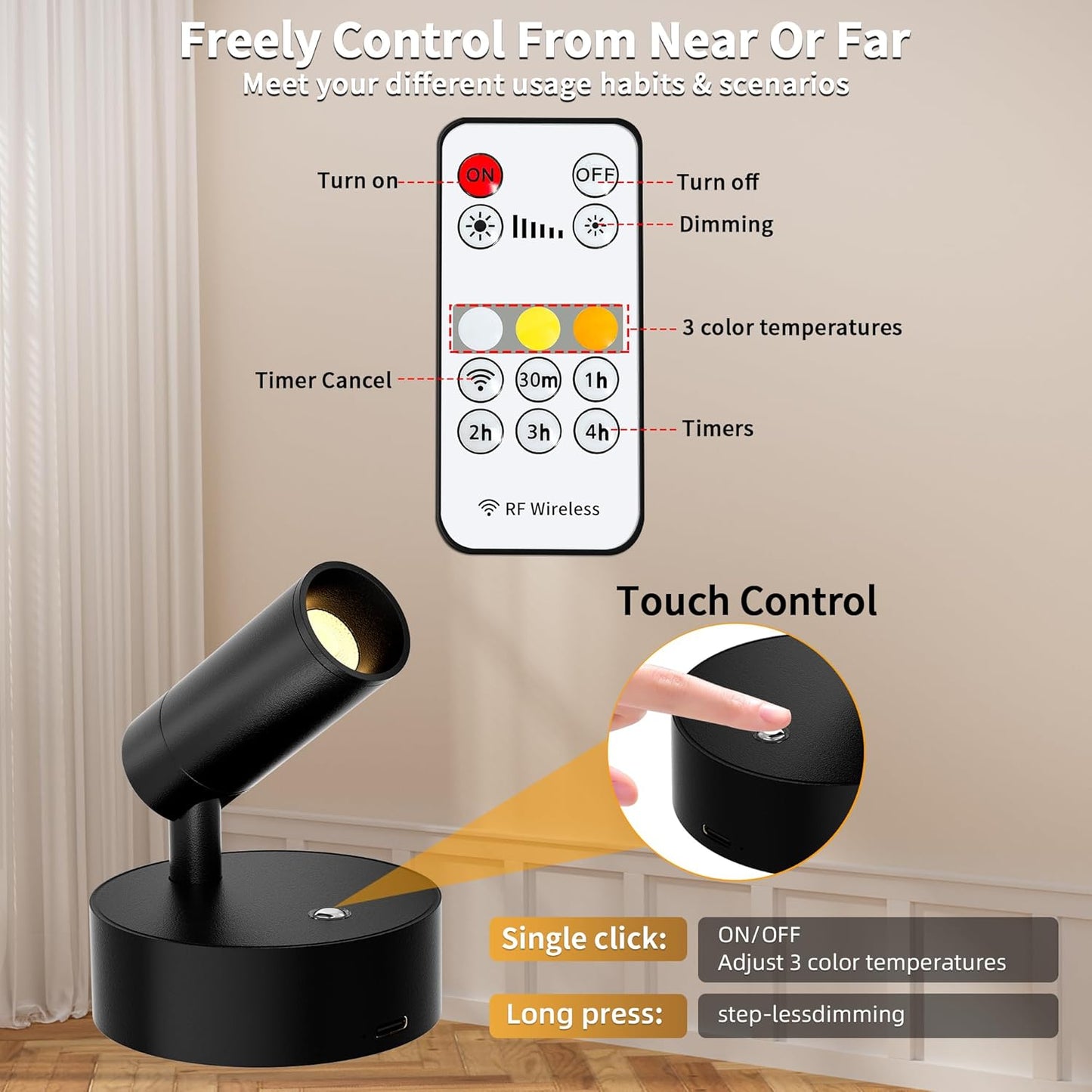 LED Rechargeable Spotlight Indoor, Battery Operated Spot Lights with Remote Control & Timer, Small Dimmable Wireless Wall Lamp Accent Lighting for Pictures Plant Artwork Reading Black 2 Pack