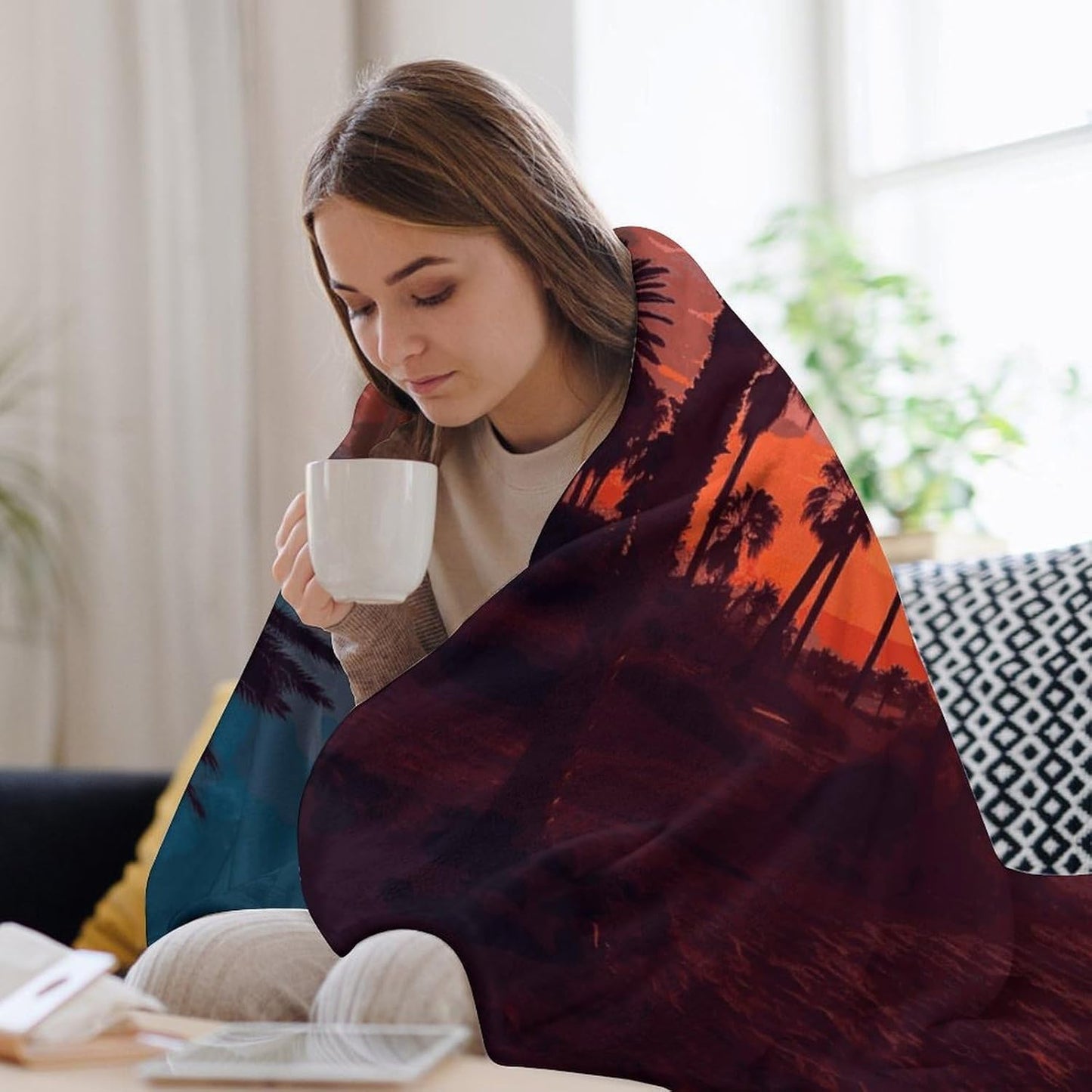 Palm Tree Sunset Blanket Super Soft Lightweight Throw Blanket Cute Cozy Warm Bed Blanket Decorative Fuzzy Blanket All-Season Home Decor Gift for Sofa Couch Living Room 50"*60"（130 * 150cm）