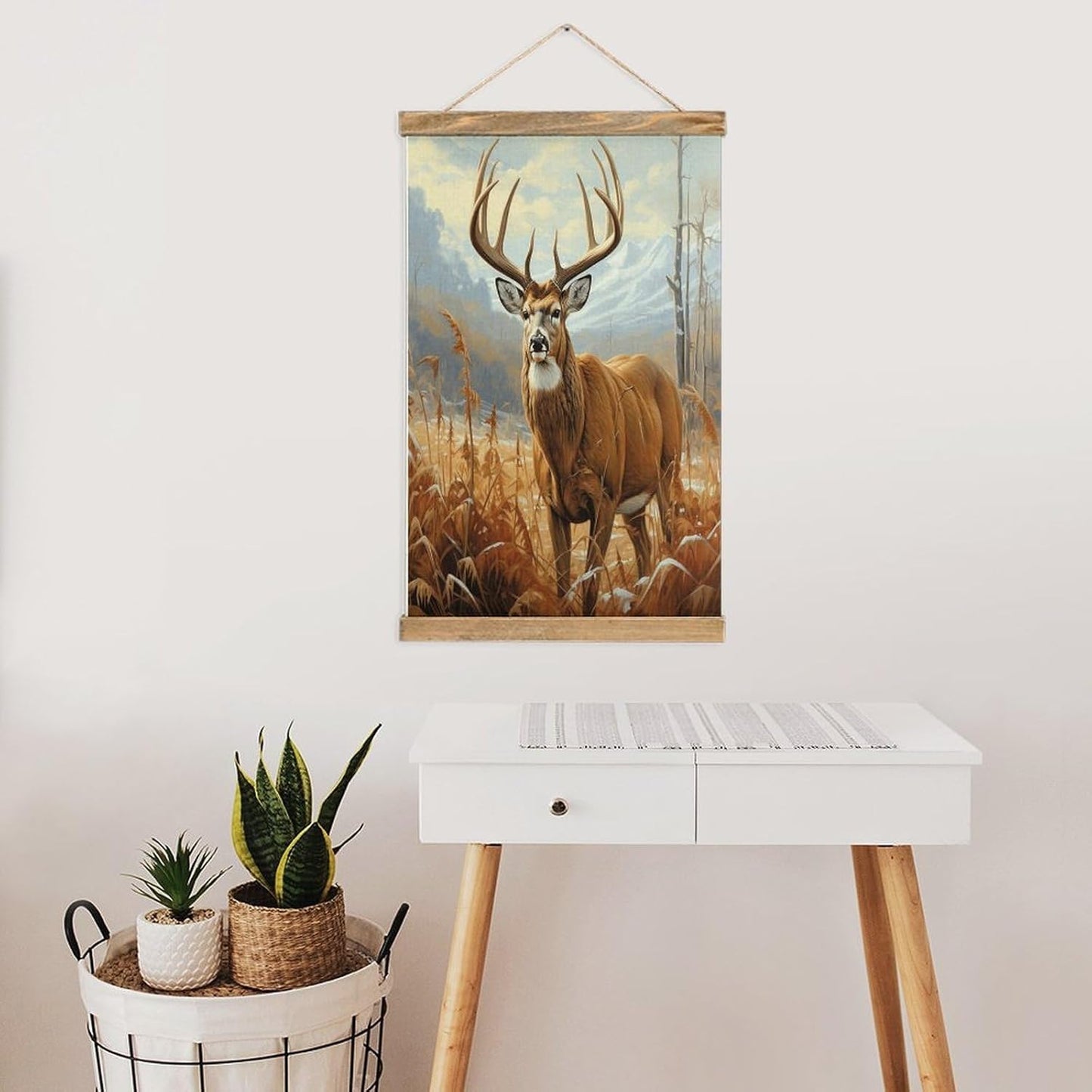 Vintage Buck Deer Poster with Wooden Frame Personalized Linen Hanging Scroll Painting Rustic Wall Hanging Illustrative Modern Artwork Decor for Home Living Room Bedroom Office