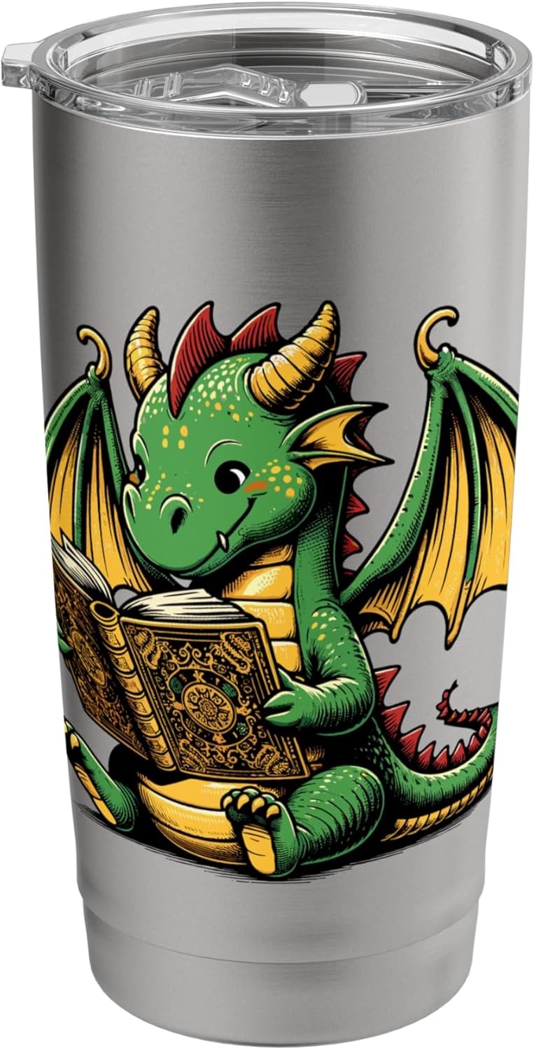 Dragon Reading Book Bookworm Books Dragon Lover Learning Stainless Steel Insulated Tumbler