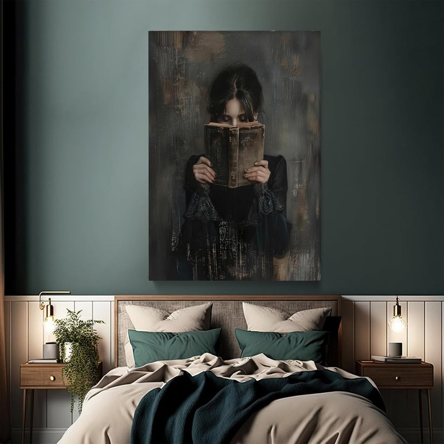 Dark Academia Canvas Wall Art Gothic Victorian Woman Reading Magic Book Poster Print Antique Oil Painting Canvas Print Book Lover Gift Bedroom Gallery Wall Decor 12x16 Incth Unframed