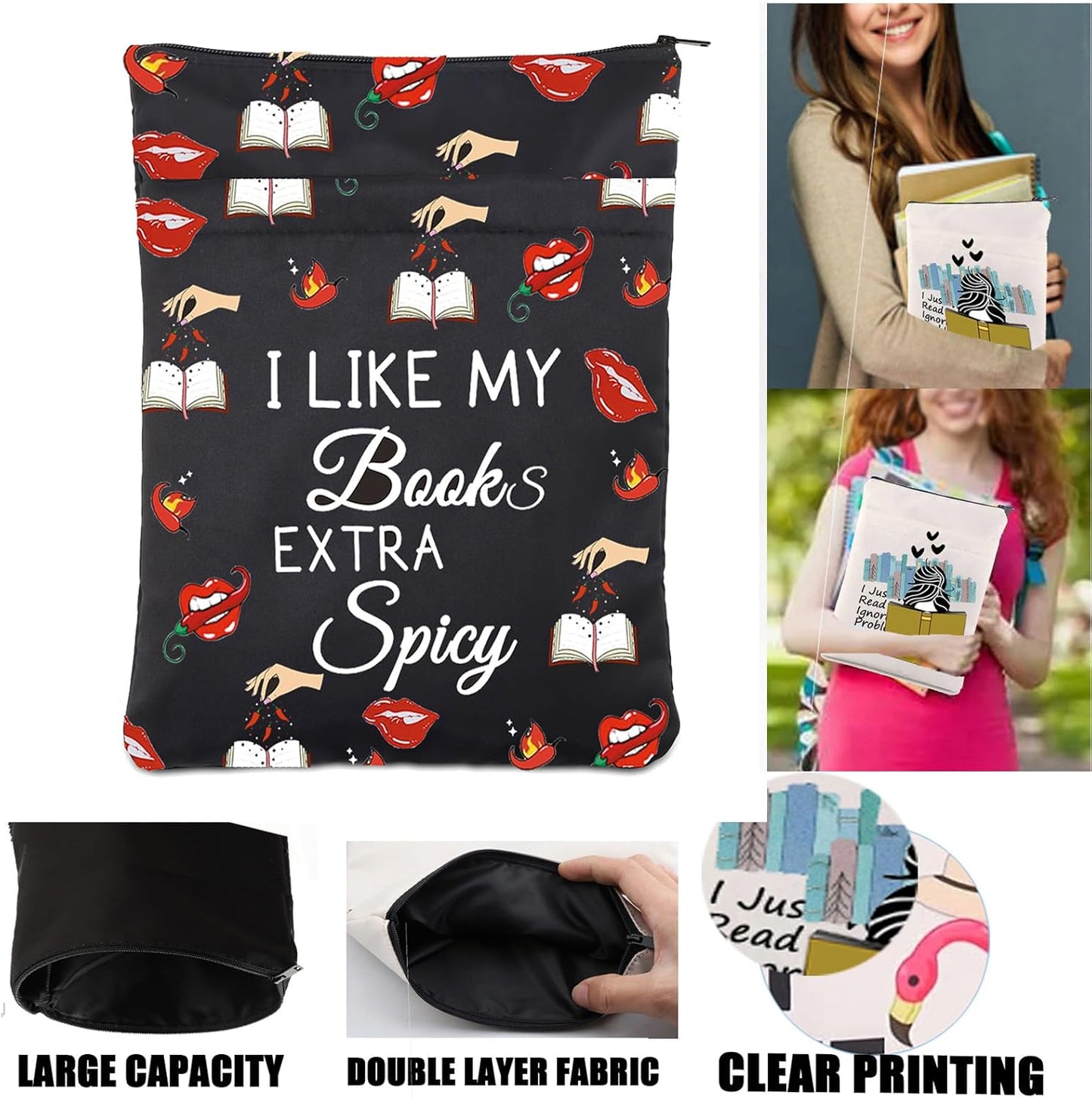 LQRI Spicy Book Lover Book Sleeve with Zipper Smut Slut Gift I Like My Books Extra Spicy Smut Reading Book Sack Bookish Gift