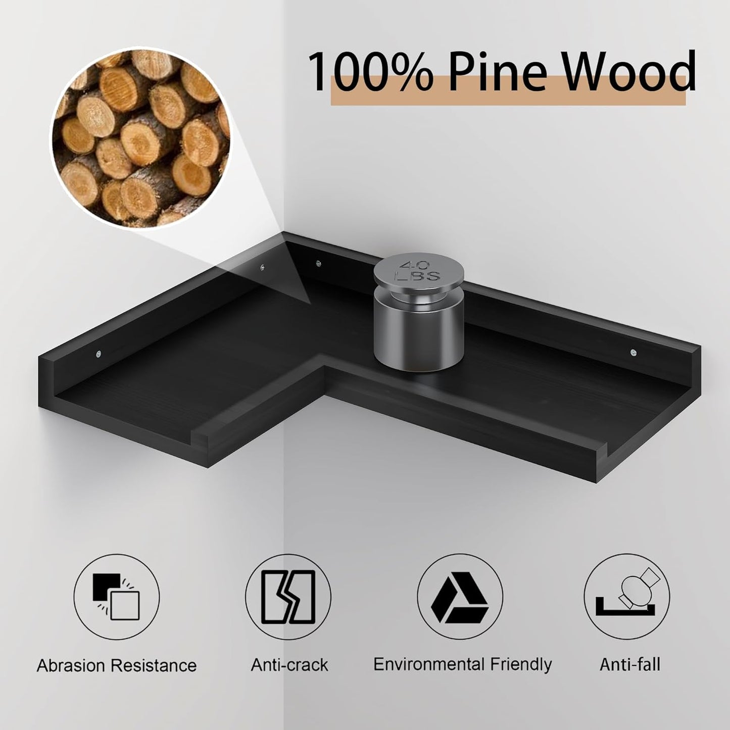 4-Tier L-Shaped Pine Wood Wall Shelf - Floating Corner Shelves with Lip, Black, Modern, Living Room, Bedroom, Bathroom Storage