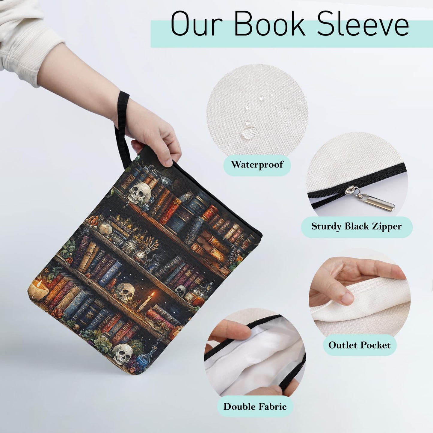 Goth Skull Book Sleeve for Book Lovers, Paperback Sleeve for Librarian Lovers Bookish Group Club Gifts for Women, Book Cover with Zipper and Handle for paperbacks 9 x 12 Inch