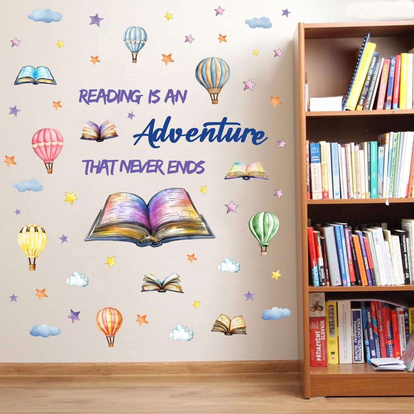 OLMIXA Reading Book with Hot Air Balloon Wall Decals, Reading is an Adventure That Never Ends Positive Quote Stickers, Vinyl Educatinal Read Book Wall Art for Library Classroom Playroom Decor