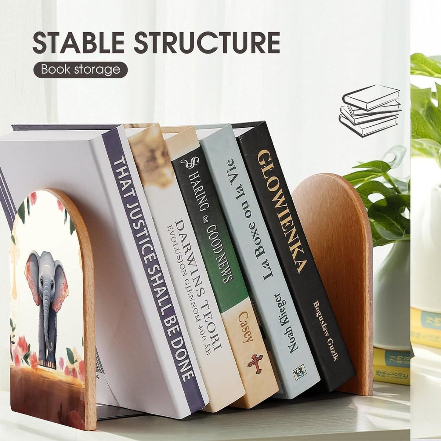 Lucky Elephant Bookend for Shelves Wooden Book End Large Size Sturdy Book Holders Stoppers with Metal Base for Bookshelves Slick Decorative Bookends Stands