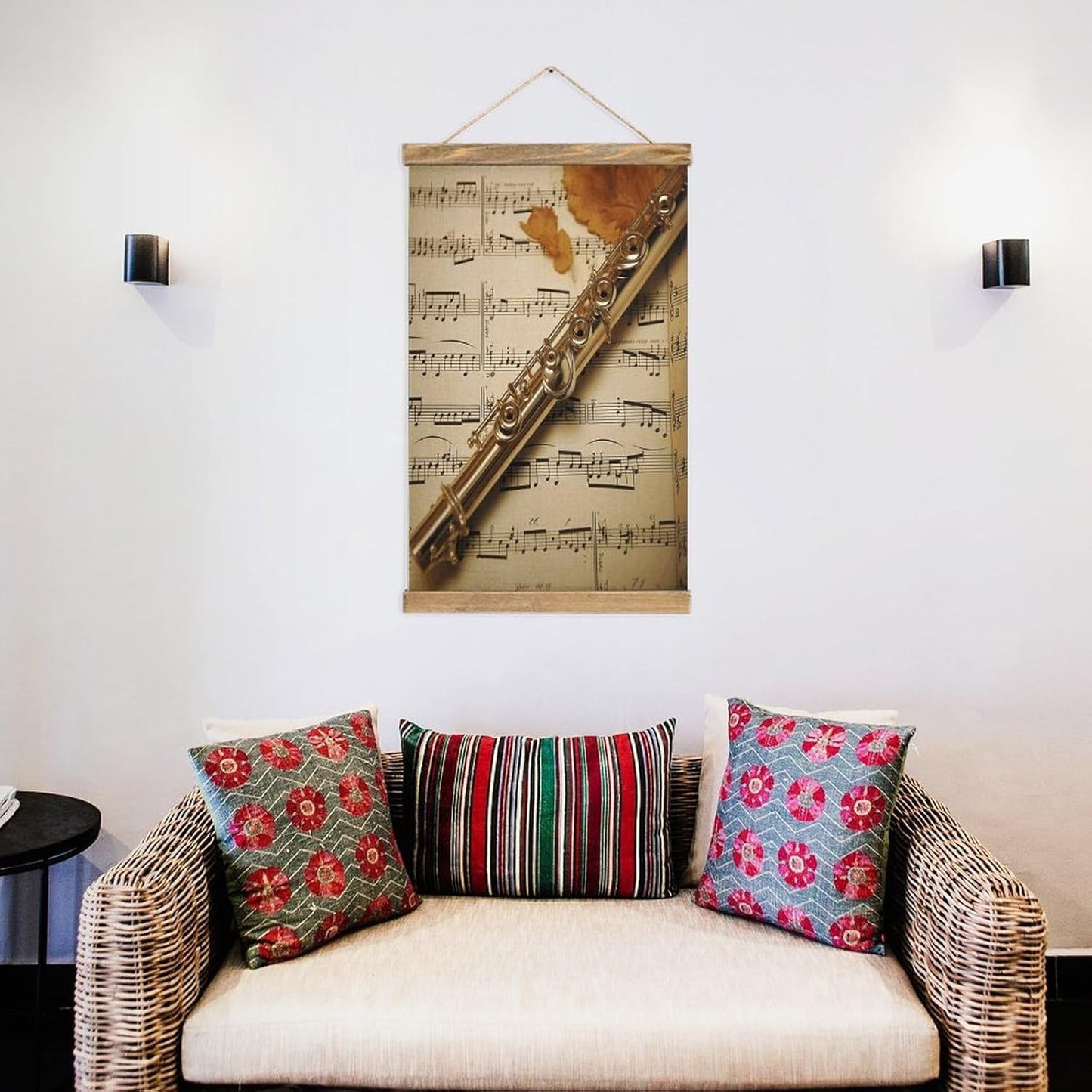 Vintage Flute Music Poster with Wooden Frame Personalized Linen Hanging Scroll Painting Rustic Wall Hanging Illustrative Modern Artwork Decor for Home Living Room Bedroom Office