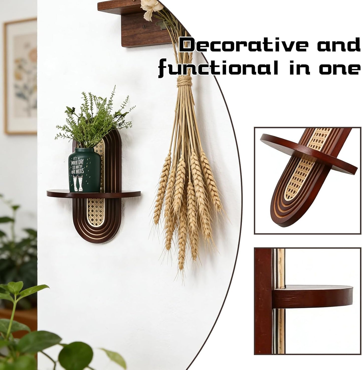 Small Floating Shelf for Wall, Decorative Shelf Set of 2, Boho Shelves for Living Room, Bedroom, Office, Nursery Room (Walnut)