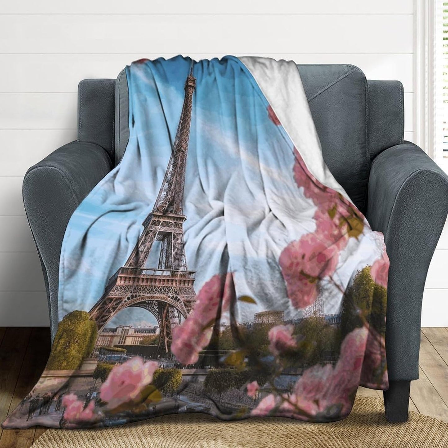 Paris Eiffel Tower with Flowers Blanket Super Soft Lightweight Throw Blanket Cute Cozy Warm Bed Blanket Decorative Fuzzy Blanket All-Season Home Decor Gift for Sofa Couch Living Room 40"*50" （100*130c