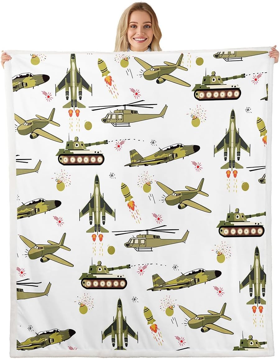 Feelyou Kids Blanket Cartoon Aircraft Print Fleece Blankets Boys Teens Military Airplane Pattern Fighter Tank Sherpa Throw Blanket for Couch Bed Sofa 30" x 40"