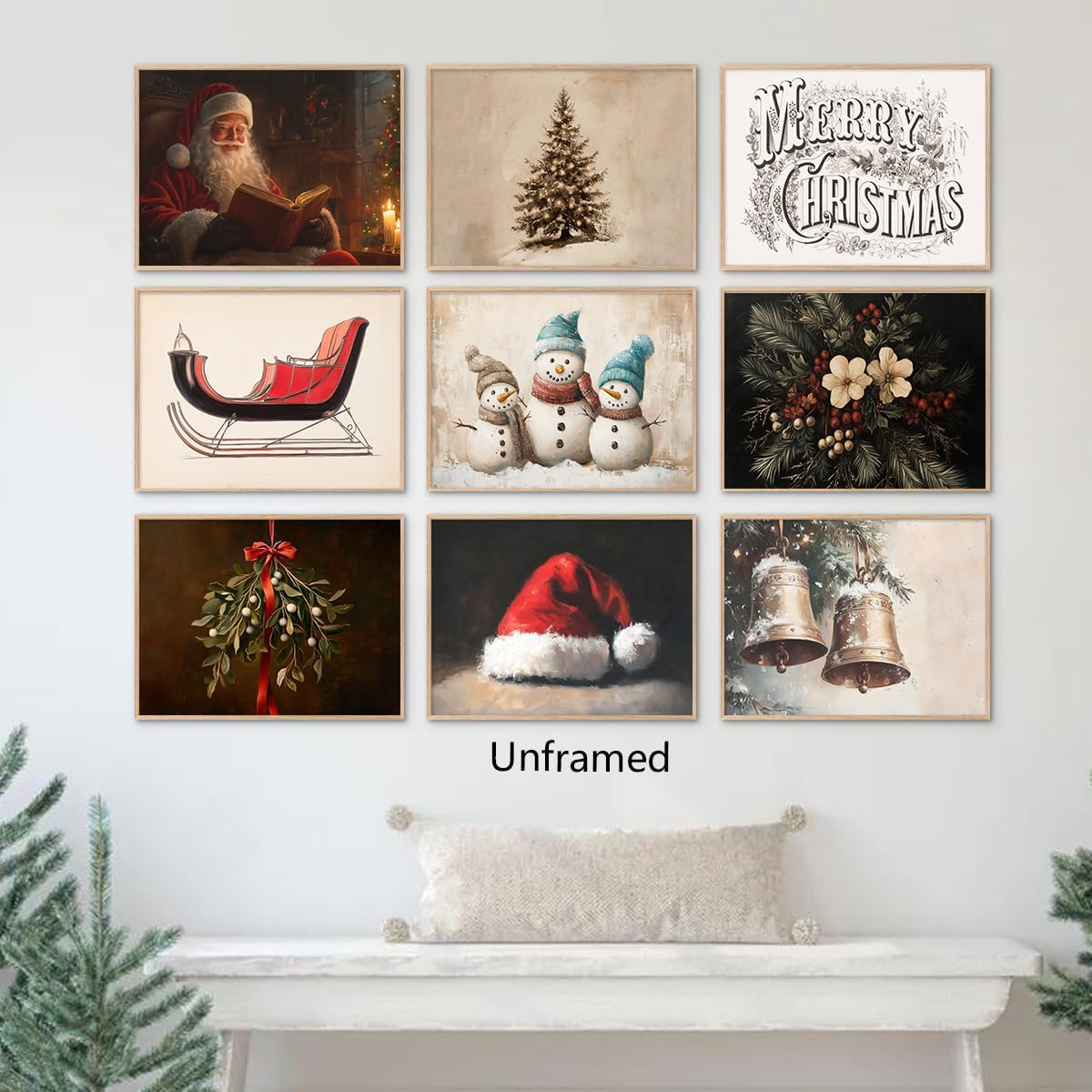9pcs Christmas Canvas Wall Art, Vintage Santa Claus Reading Book Poster, Rustic Xmas Tree Painting, Warm Snowman Family Picture, Sleigh & Santa Hat Print, Flowers Christmas Prints 8x12in Unframed