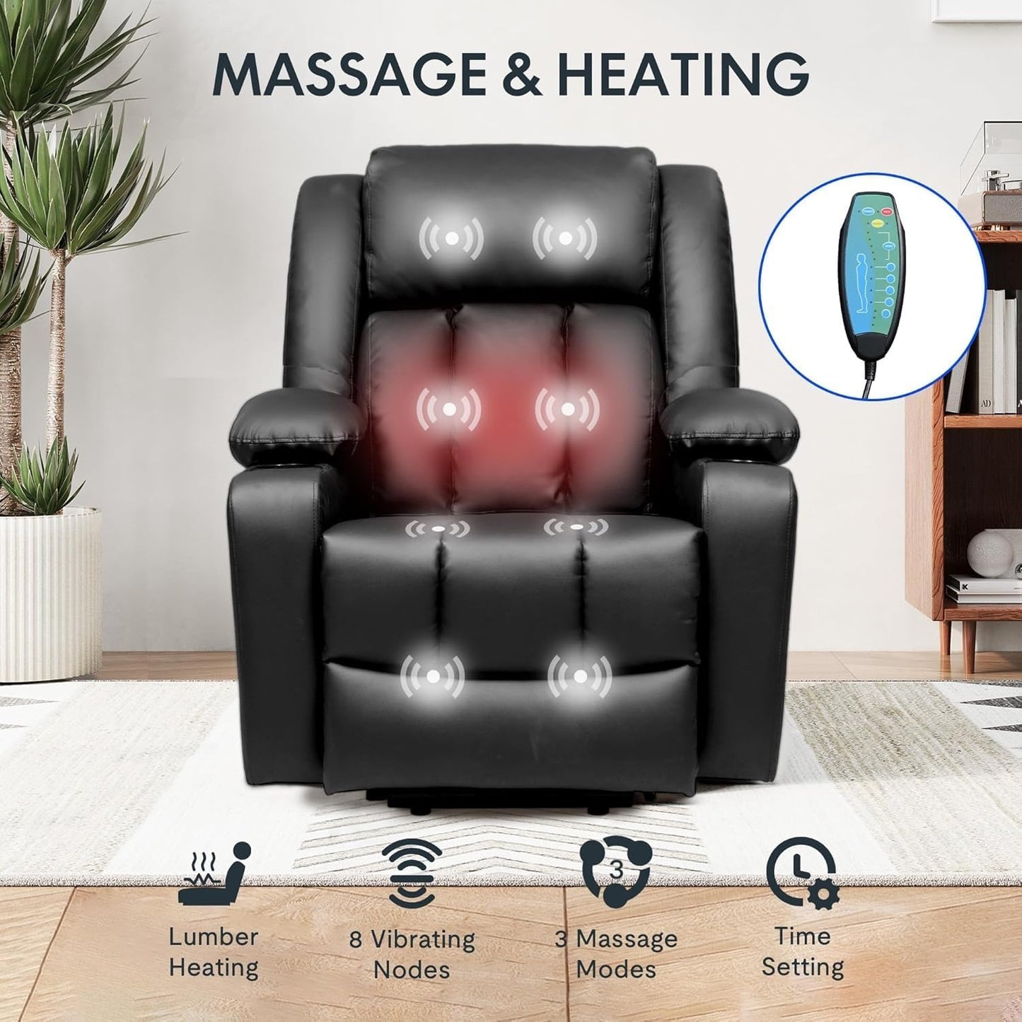 Power Lift Recliner Chair for Elderly, Electric Leather Massage Recliner with Heat & Remote Control, Black Reclining Sofa with Cup Holders & Side Pockets for Living Room