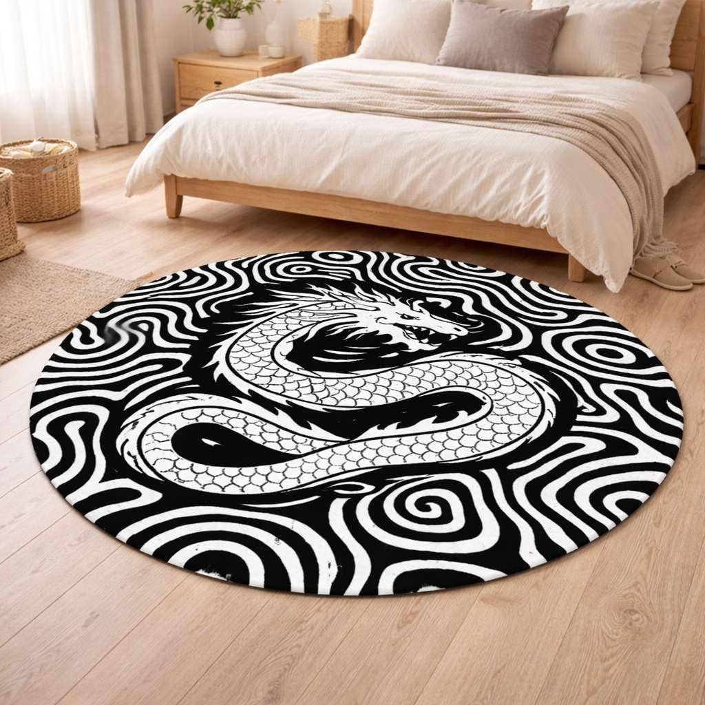 Round Dragon Area Rug Black White New Zealand Wool Hand Tufted Decorative Floor Carpet Abstract Graphic Design Living Room Bedroom Balcony Indoor Outdoor Accent Mat -6" (Round)
