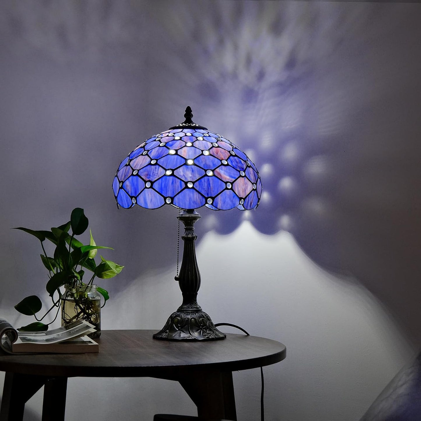 Tiffany Lamp Vintage Deep Blue Stained Glass Bead Table Lamp Desk Bedside Reading Light Decor Bedroom Living Room Home Office D12*H18 Inches
