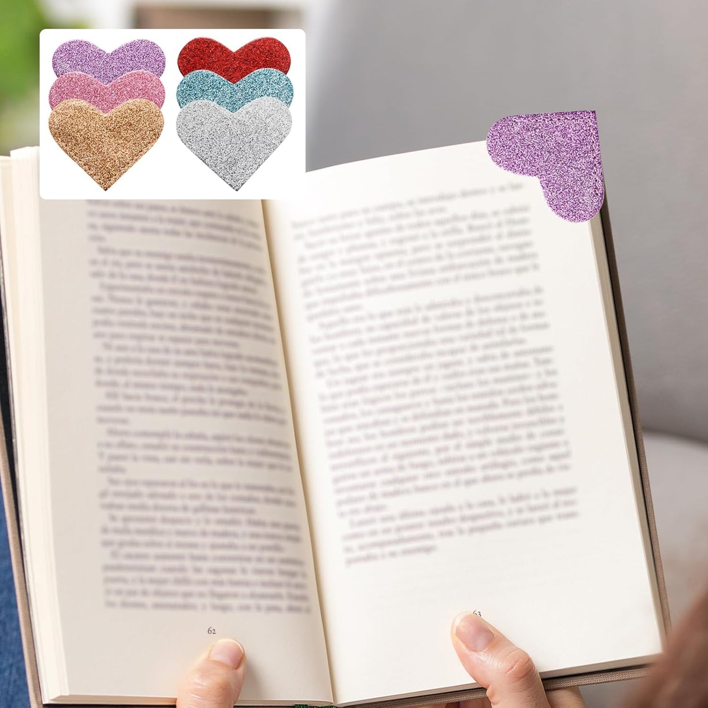 Pine & Linen 6 Pcs Cute Leather Heart Bookmarks, Glittering Double-Sided Bookmarks Cute Corner Book Accessories, Reading Gifts for Book Lovers/Students
