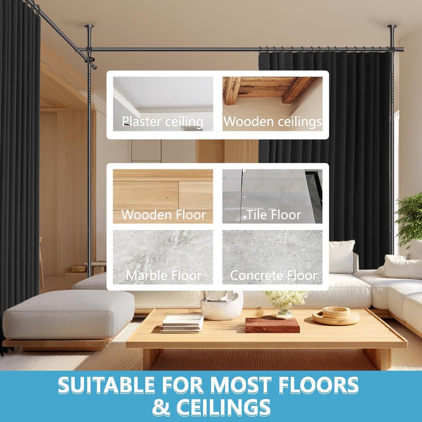 No-Drill Room Divider Curtains Set: Includes 106" W x 84" L Black Curtain 2-Panel & Adjustable Pole Brackets (72-200" W x 43-120" H Adjustable Range)