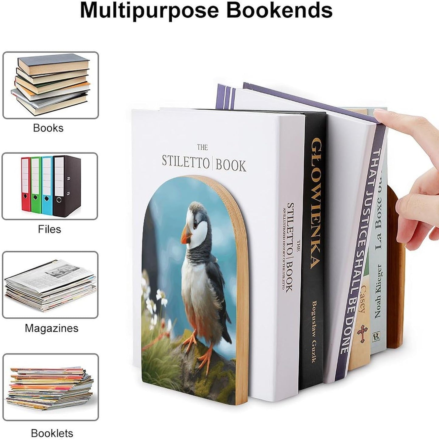 Cute Little Bird Bookend for Shelves Wooden Book End Large Size Sturdy Book Holders Stoppers with Metal Base for Bookshelves Slick Decorative Bookends Stands