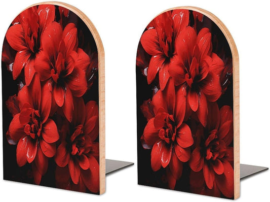 Red Flower on Black Wooden Bookend Non-Slip Book Ends Heavy Duty Book Stopper with Metal Base Books Holderd Decorative Bookends Stands Firmly for Office Supplies