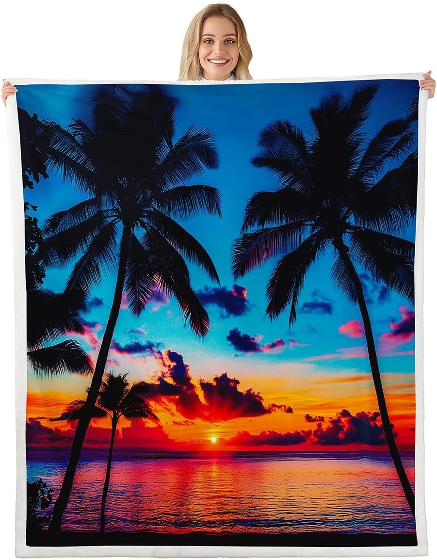 Ocean Beach Themed Sherpa Blanket,Tropical Sunset Beach with Palm Trees Plush Blanket,Peaceful Sea Marine Palm Tree Fleece Throw Blanket Bright Hawaii Style Fuzzy Blanket Twin 60"x80"