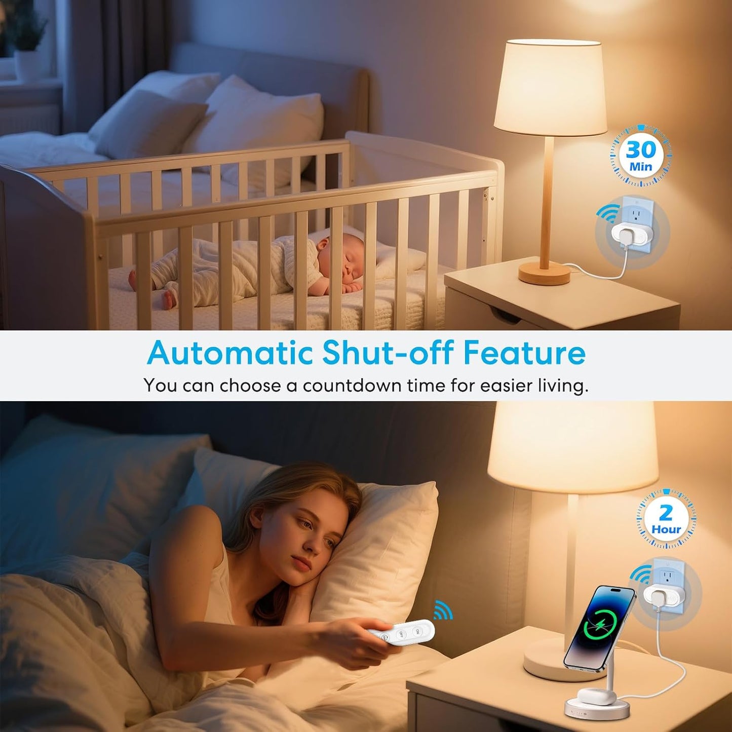 Remote Control Timer Outlet: Dual Gear Countdown (30min/2h) with Auto Shut Off – 15A/1800W – Elderly-Kid Safe – WiFi Router, Sleep-Light & Small Appliances Multi-Scene Timed Control
