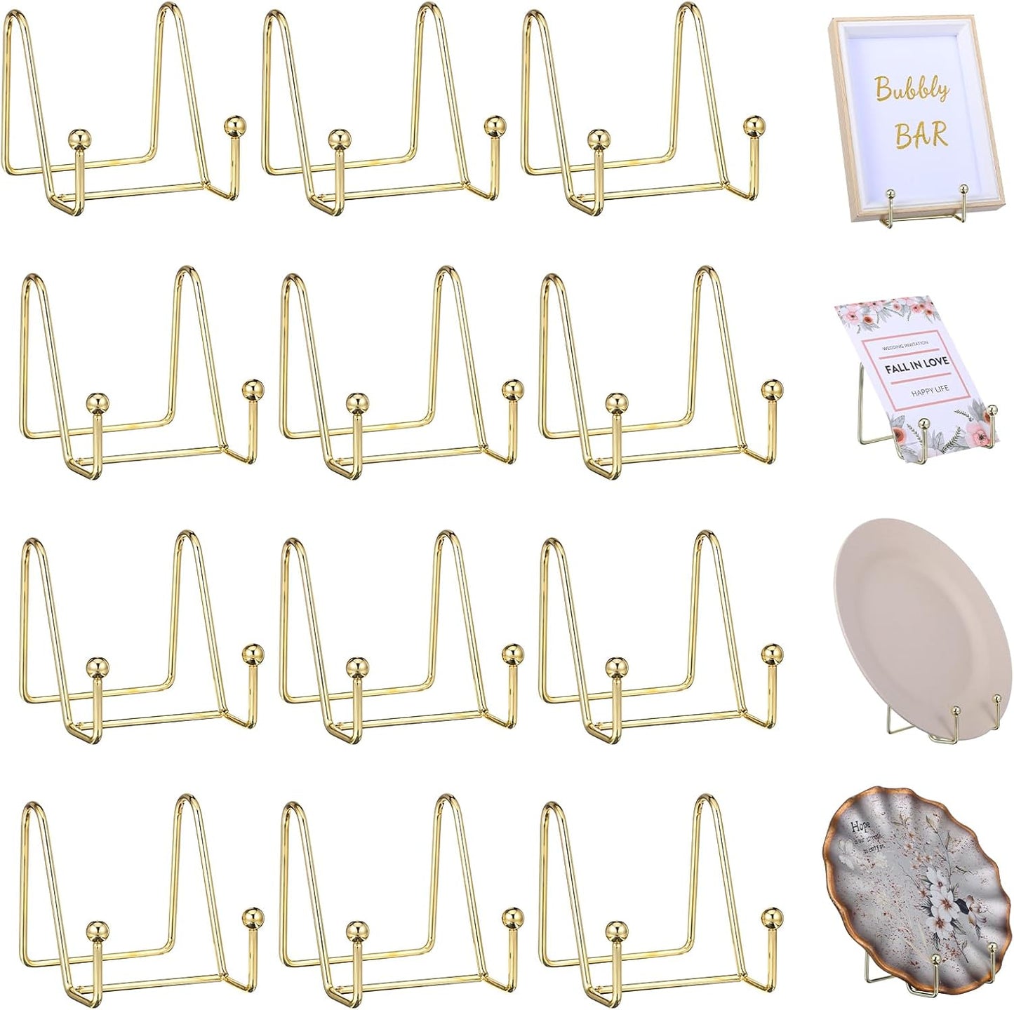 12 Pieces Gold Plate Stands for Display, Decorative Plate Holder Metal Easel Stand for Pictures, Photos, Books, Artwork - 3.1 Inch H, Sturdy Iron, Perfect for Home Office Kitchen