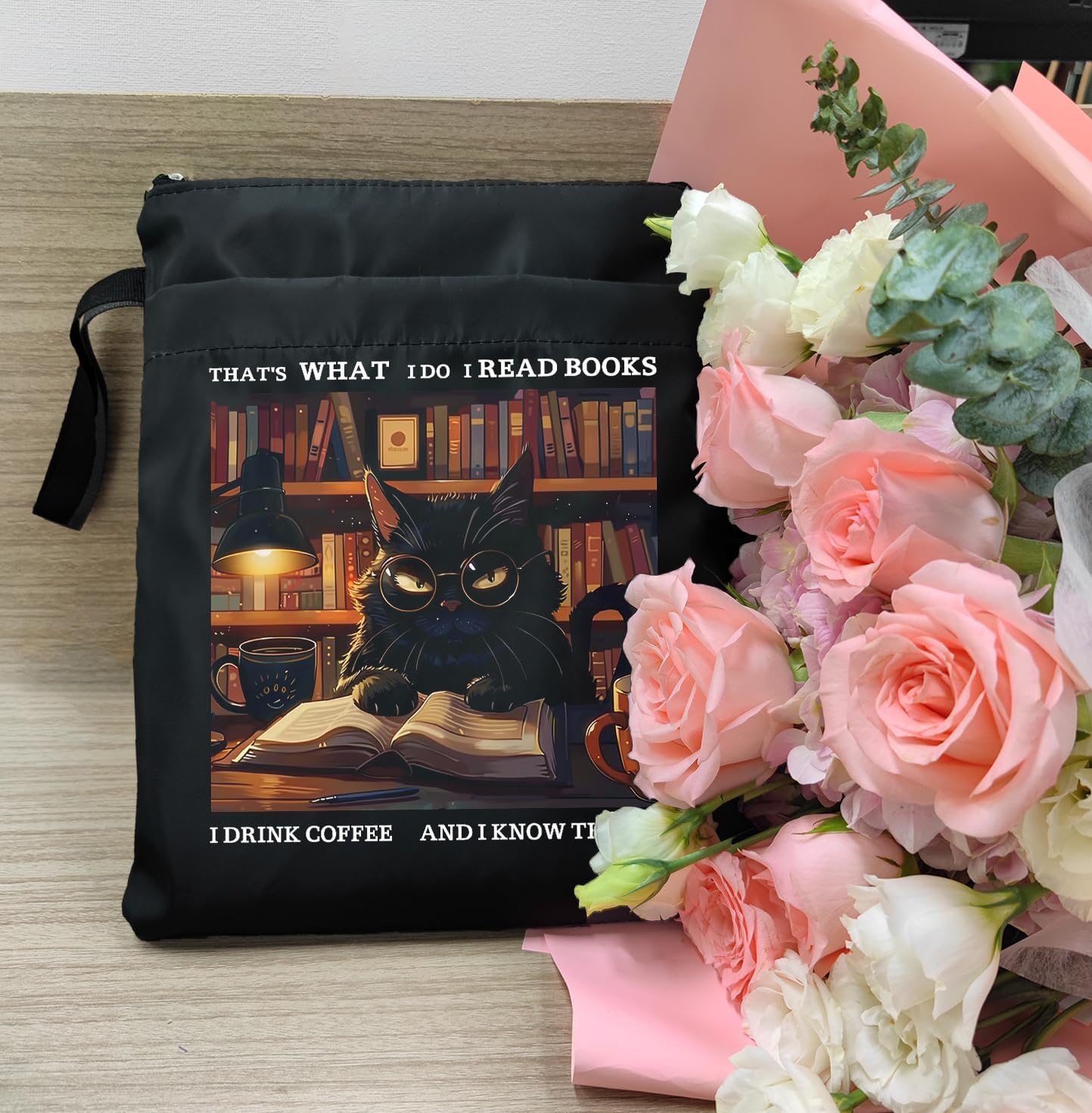 Inspirational Quotes Book Sleeve, Book Covers with Zipper, Book Sleeves for Book Lovers, Cat Book Pouch Protector, That's What I Do I Read Books I Drink Coffee and I Know Things