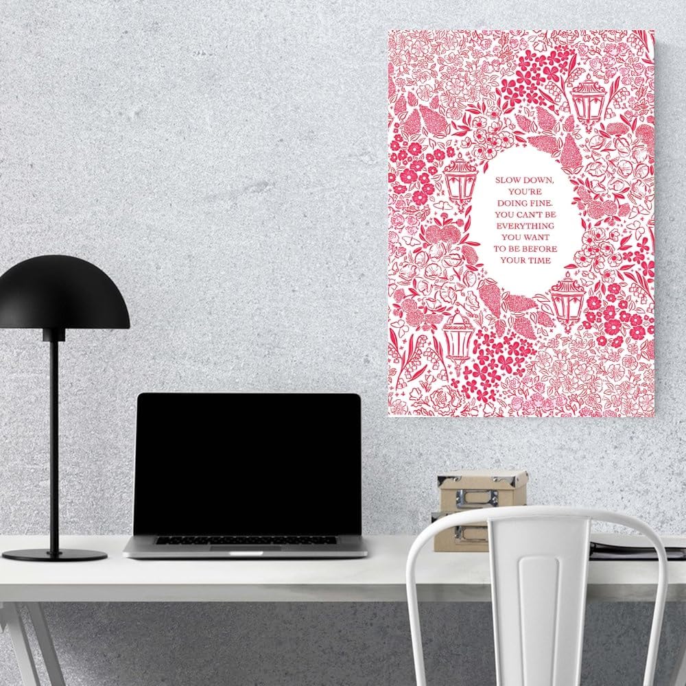 Balsuka Slow Down You're Doing Fine Music Posters Motivational Quote Pink Wall Art Vintage Floral Positive Daily Reminder Song Lyrics Canvas Print Aesthetic Office Home Decor 12x16inch Unframed