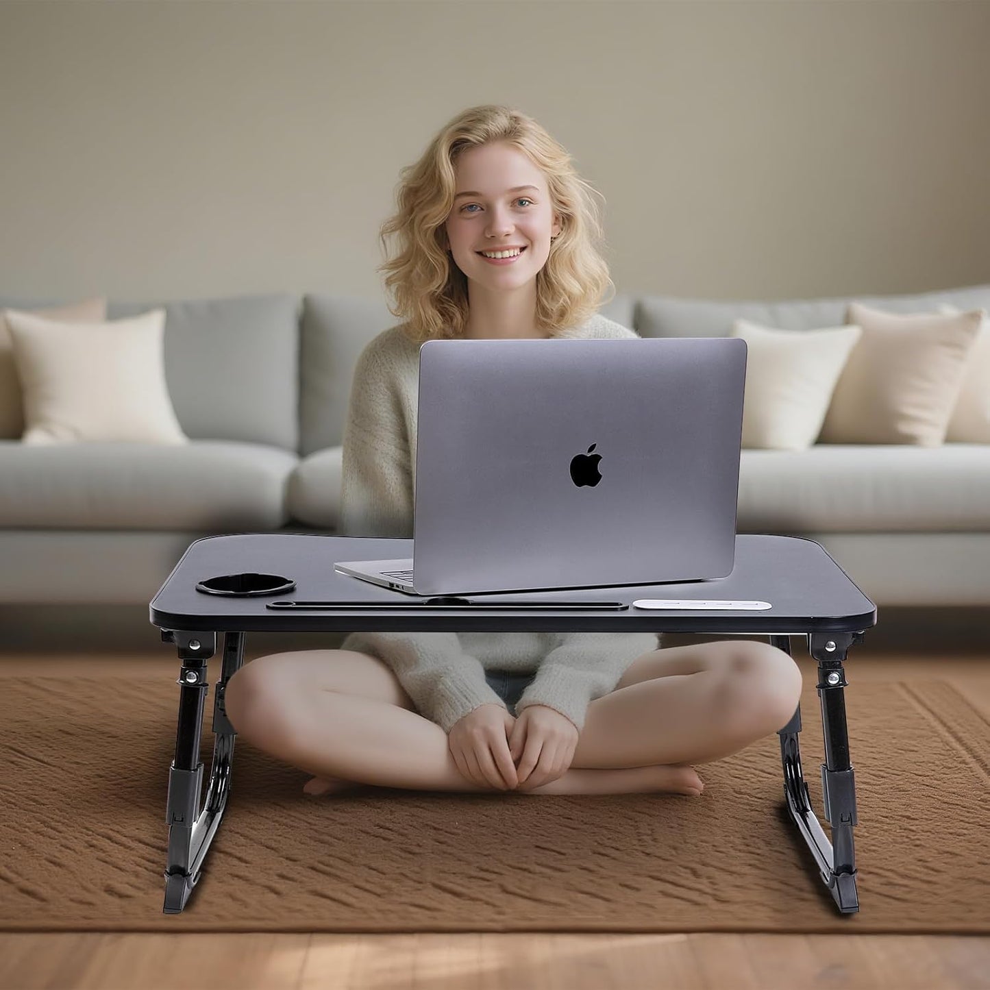 BYMECOST Laptop Desk for Bed, Height Adjustable Laptop Bed Table, Foldable Portable Lap Desk Stand with USB/Storage Drawer/Cup Holder/Slot, Breakfast Tray for Working Reading Writing Eating