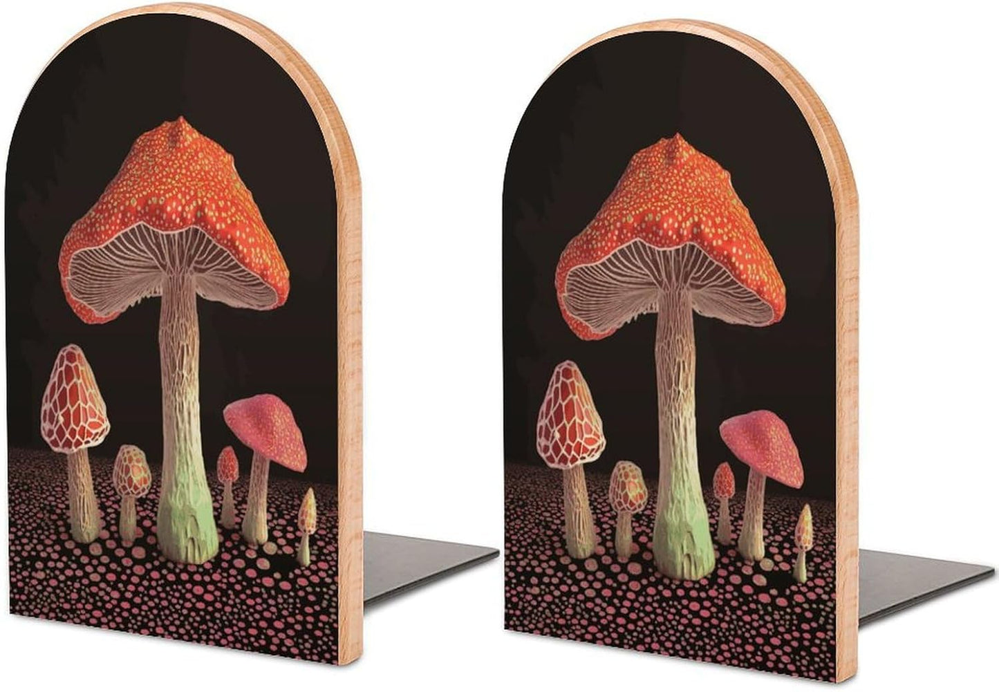 Mushroom Bookends 1 Pair Heavy Duty Book Ends for Shelves Non-Skid Bookend Supports Wooden Book Holders with Metal Base Desk Organizers Books Storage to Hold Books