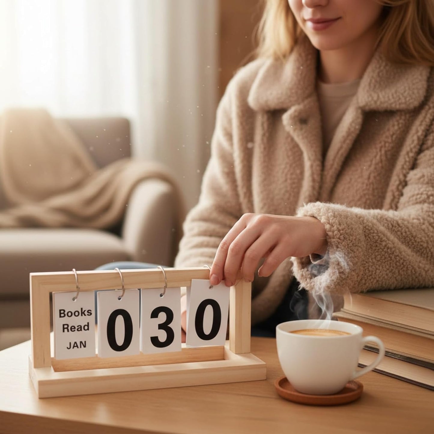 Wooden Books Read This Year Counter Tracker, Modern Style Library Decor Sign, Tabletop Display Stand This Month, Book Lover Gift for Librarian, Reader, Teacher, Women (Nature Wood)