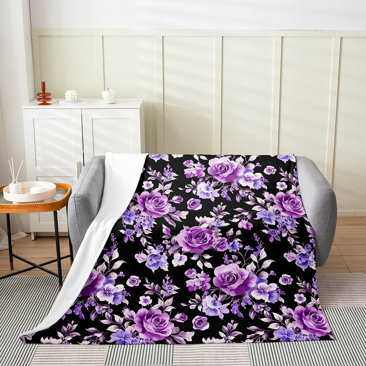 Erosebridal Rose Throw Blanket Twin, Exotic Purple Flower Floral Fleece Blanket for Bedroom Decor, Watercolor Botanical Flannel Blanket, Vintage Garden Leaf Fuzzy Blanket, Soft