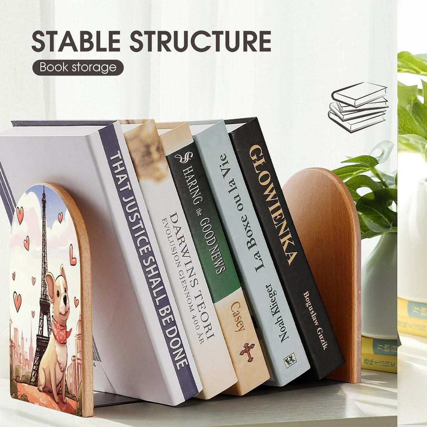 Dog and Eiffel Tower Bookend for Shelves Wooden Book End Large Size Sturdy Book Holders Stoppers with Metal Base for Bookshelves Slick Decorative Bookends Stands