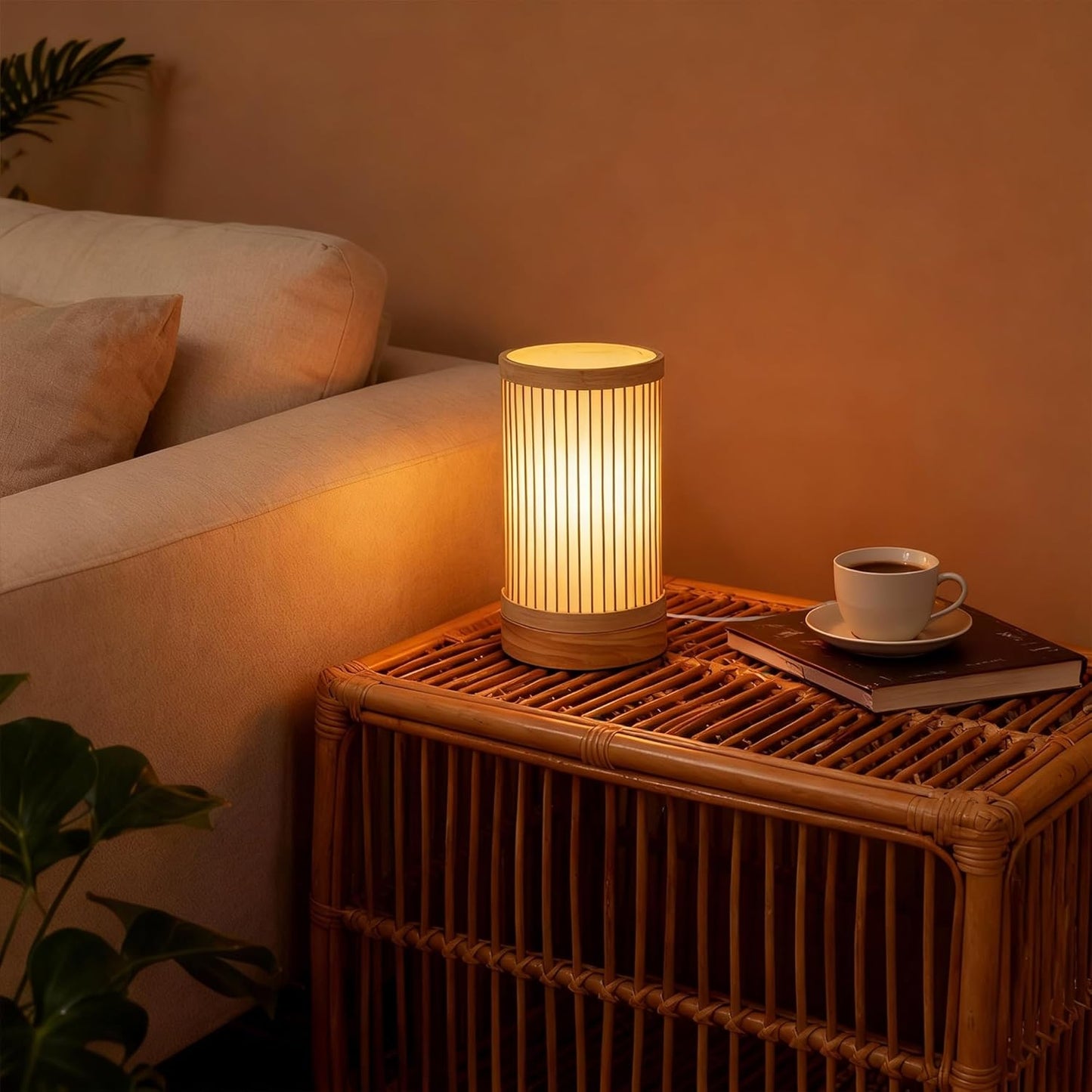 Bamboo Table Lamp, Small Boho Rattan Lamp Decorative with Dimmable Light, Woven Bedside Lamp for Bedroom, Cozy Nightstand Desk Lamps for Cafe/Entryway/Tabletop/Shelf Decor